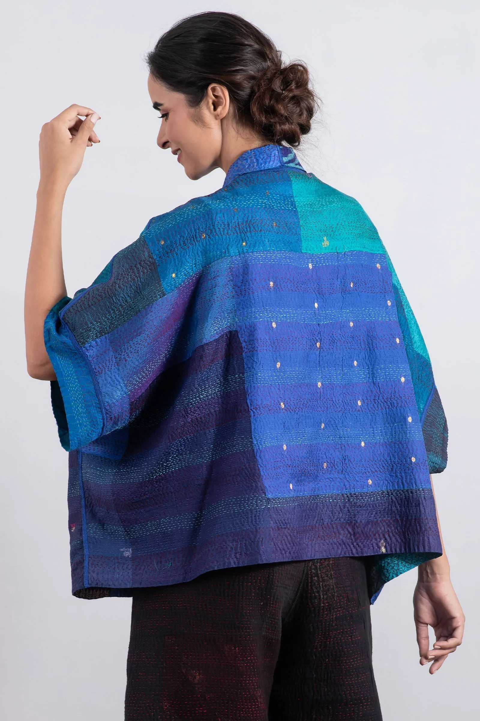 VINTAGE SILK PATCH KANTHA MINI PONCHO - vp2060-blu -