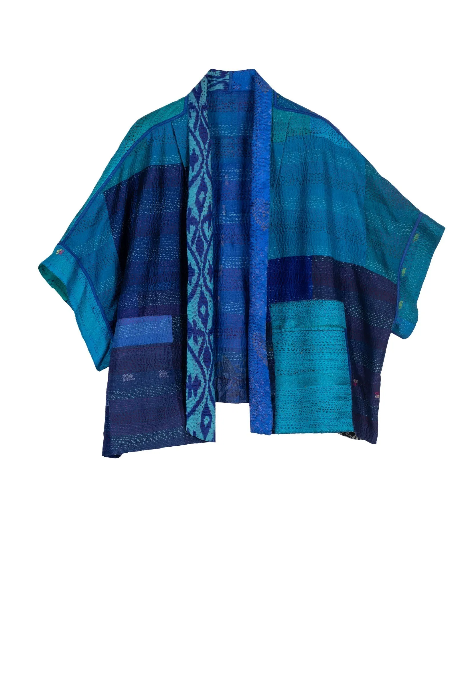 VINTAGE SILK PATCH KANTHA MINI PONCHO - vp2060-blu -