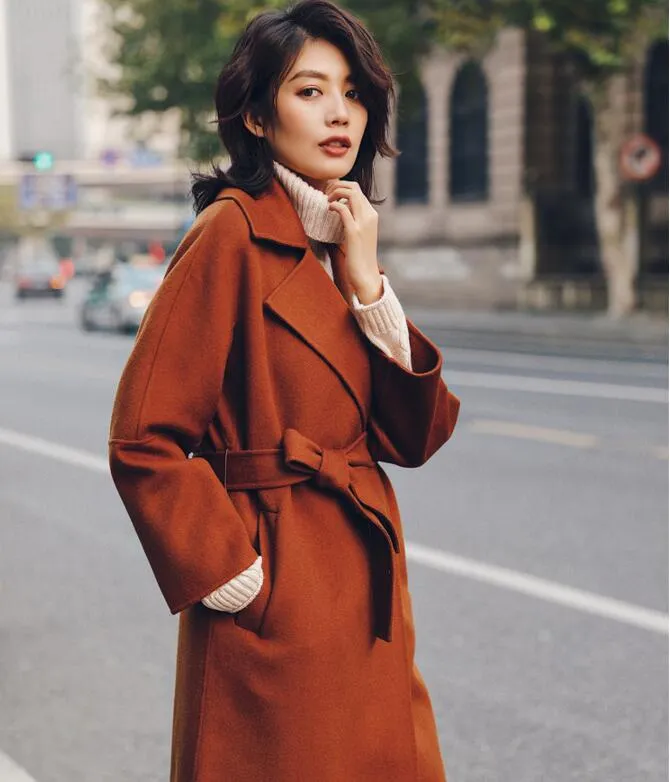 Waist Belt Wool Long Wool Coat, Winter Women Wool Coat/0011