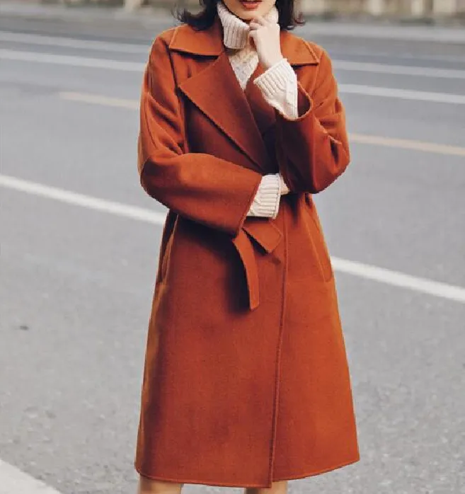 Waist Belt Wool Long Wool Coat, Winter Women Wool Coat/0011