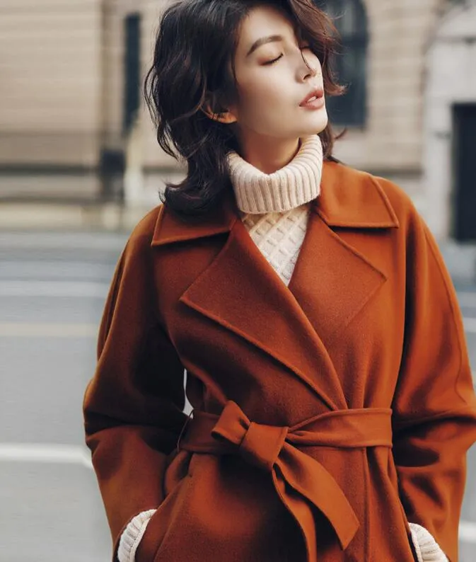 Waist Belt Wool Long Wool Coat, Winter Women Wool Coat/0011