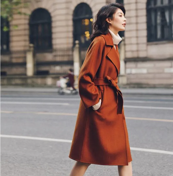 Waist Belt Wool Long Wool Coat, Winter Women Wool Coat/0011