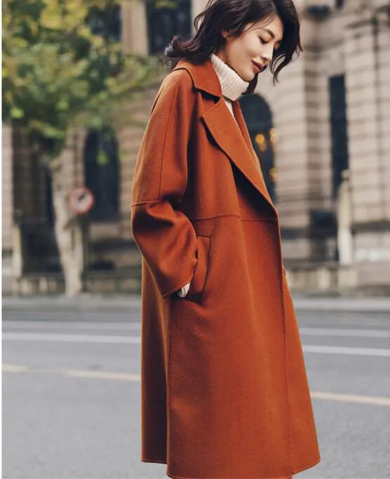 Waist Belt Wool Long Wool Coat, Winter Women Wool Coat/0011