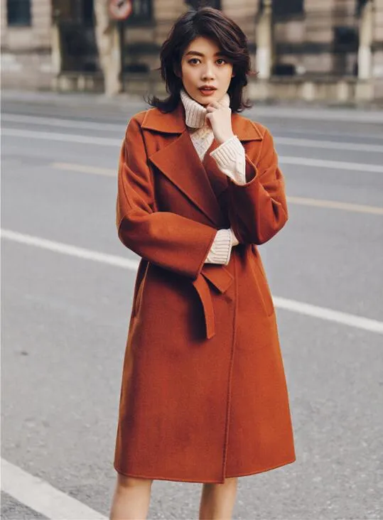 Waist Belt Wool Long Wool Coat, Winter Women Wool Coat/0011