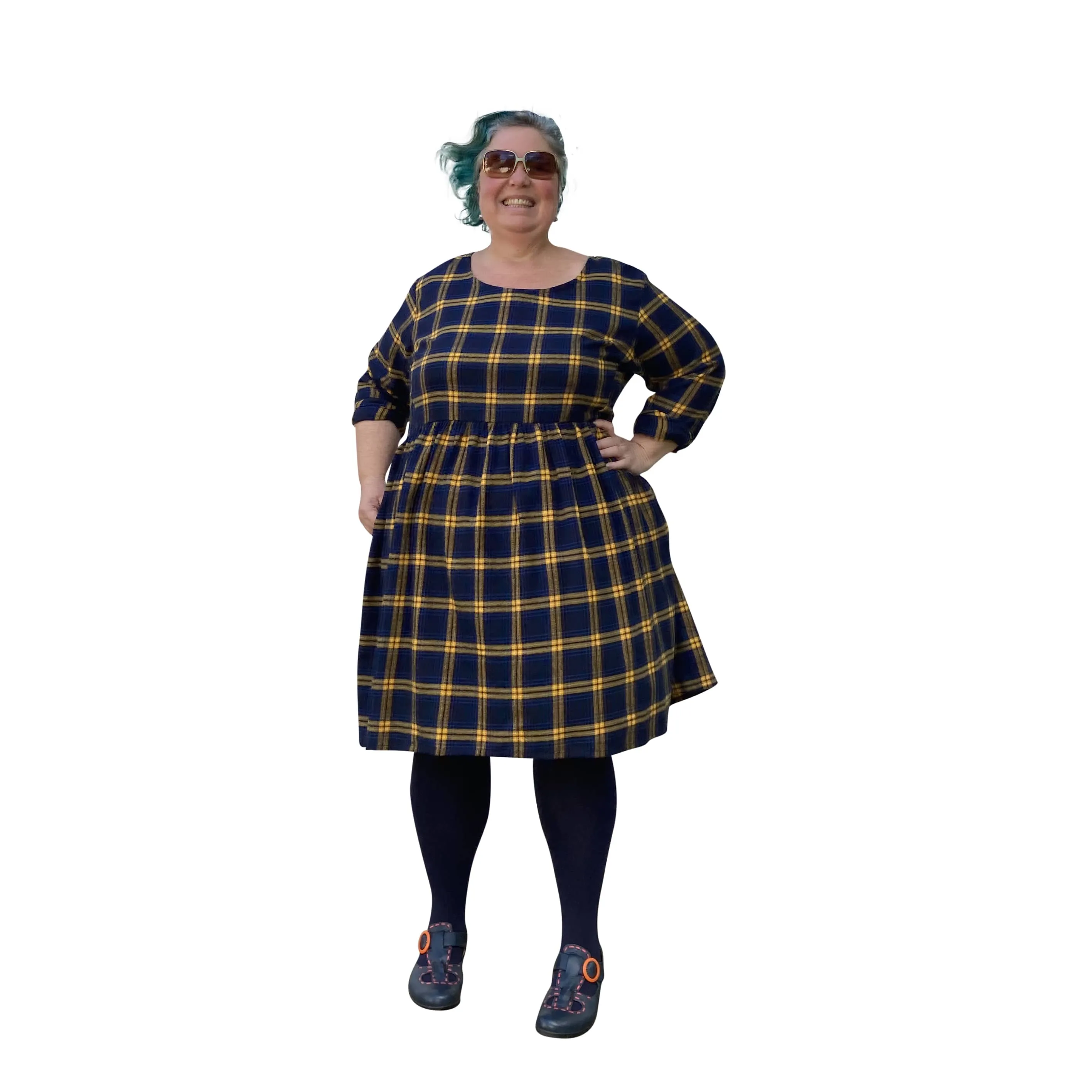 Winter Sally Plus Size Dress with Pockets | Blue & Yellow Tartan Flannelette