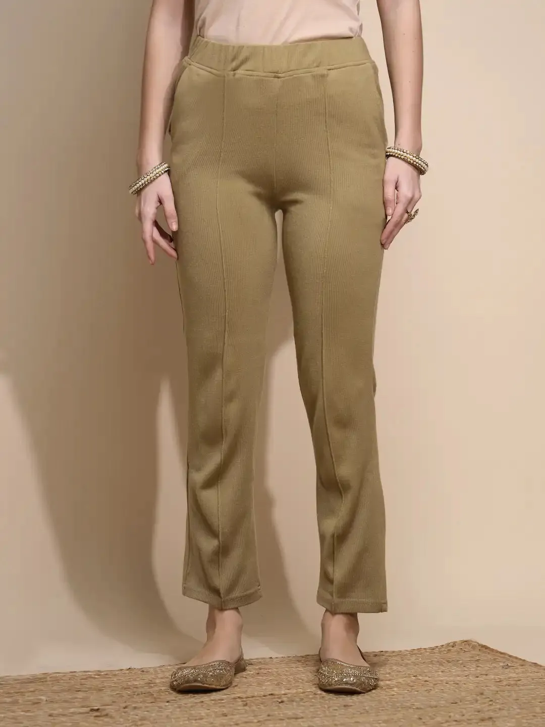 Women Beige Solid Pants Corduroy Mid Rise