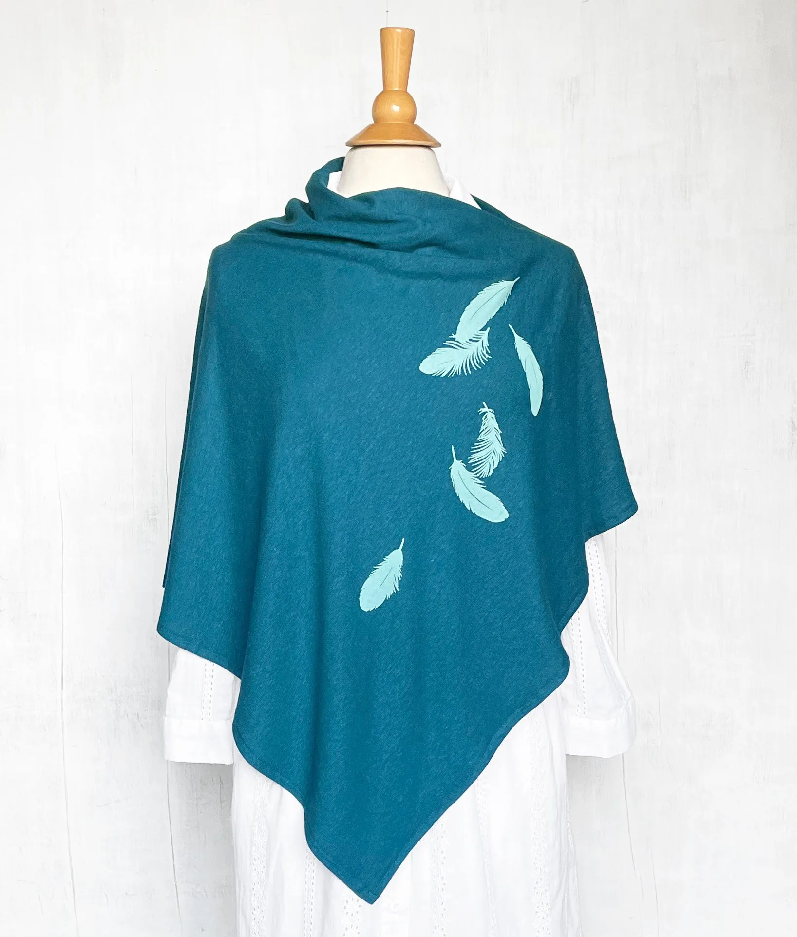 Women's Hemp / Organic Cotton Lightweight Poncho with Falling Feathers - Peacock Blue