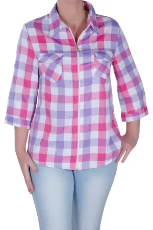 Zip Up Checkered Sleeve Plus Size Blouse