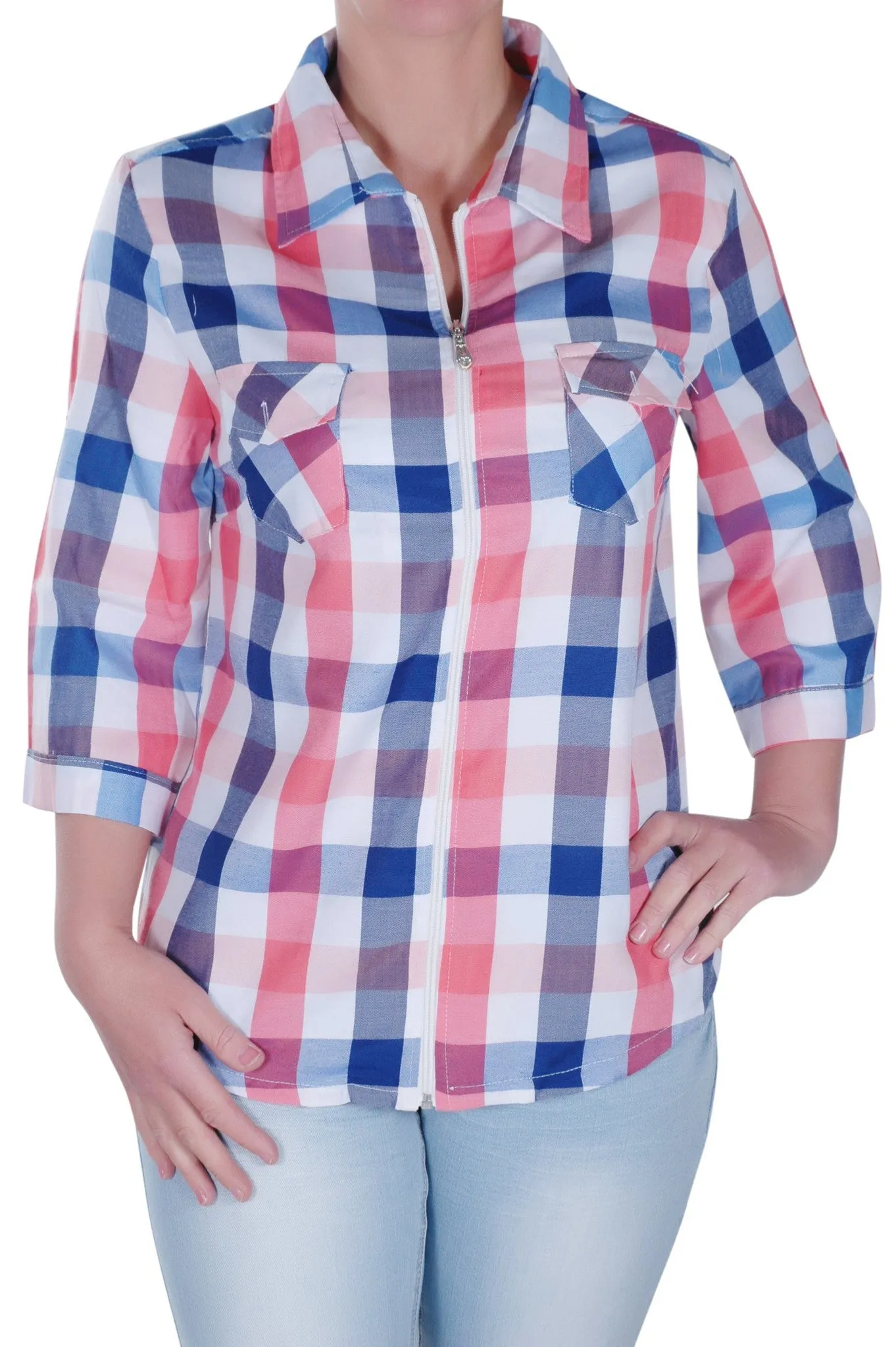 Zip Up Checkered Sleeve Plus Size Blouse