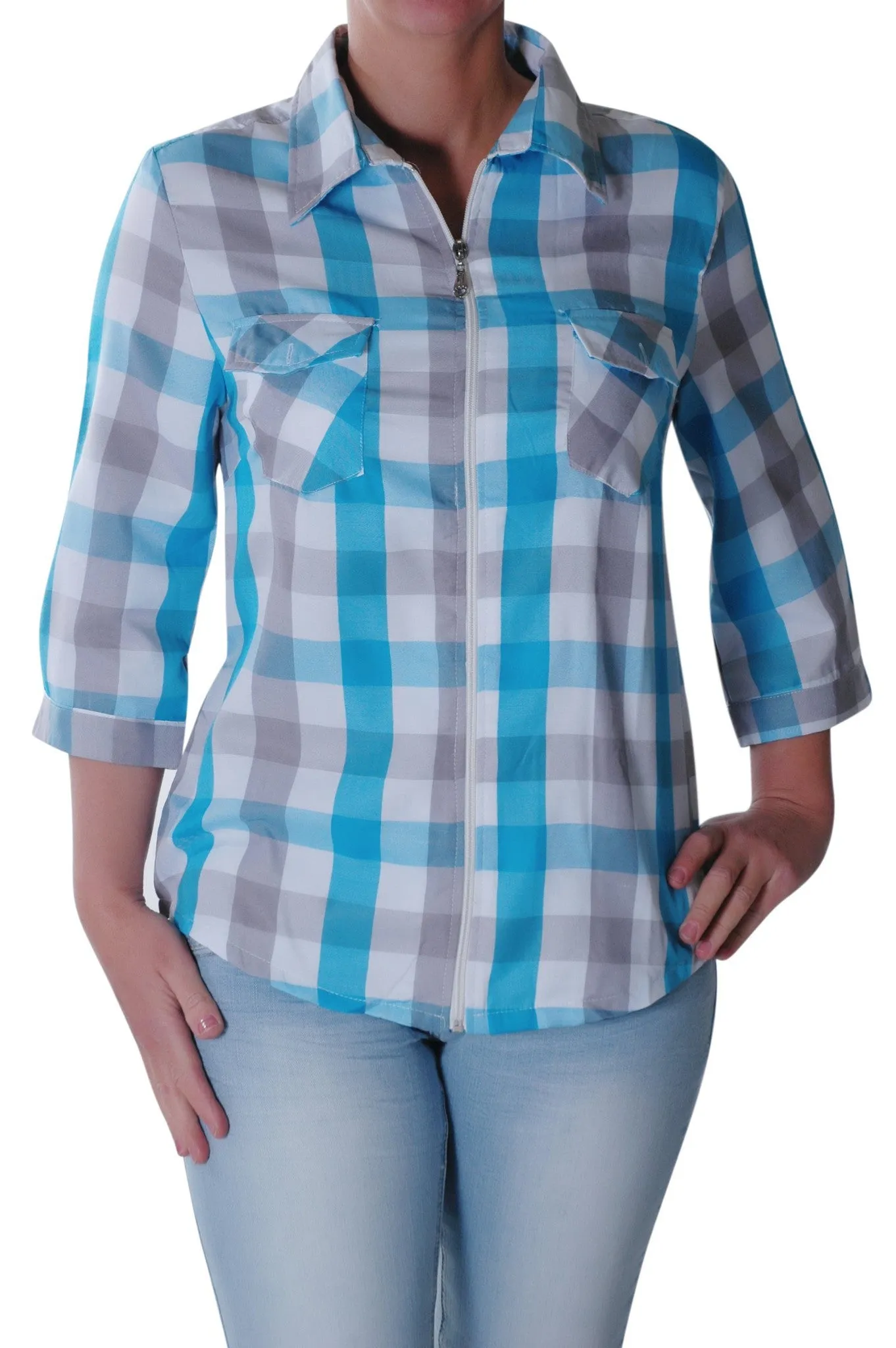 Zip Up Checkered Sleeve Plus Size Blouse